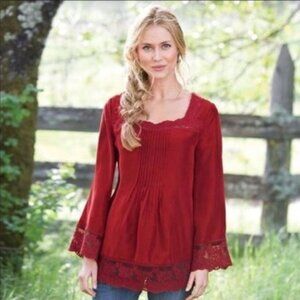 SUNDANCE Boho 100% Silk Burgundy Tunic Blouse with Lace Trim Size L Petite